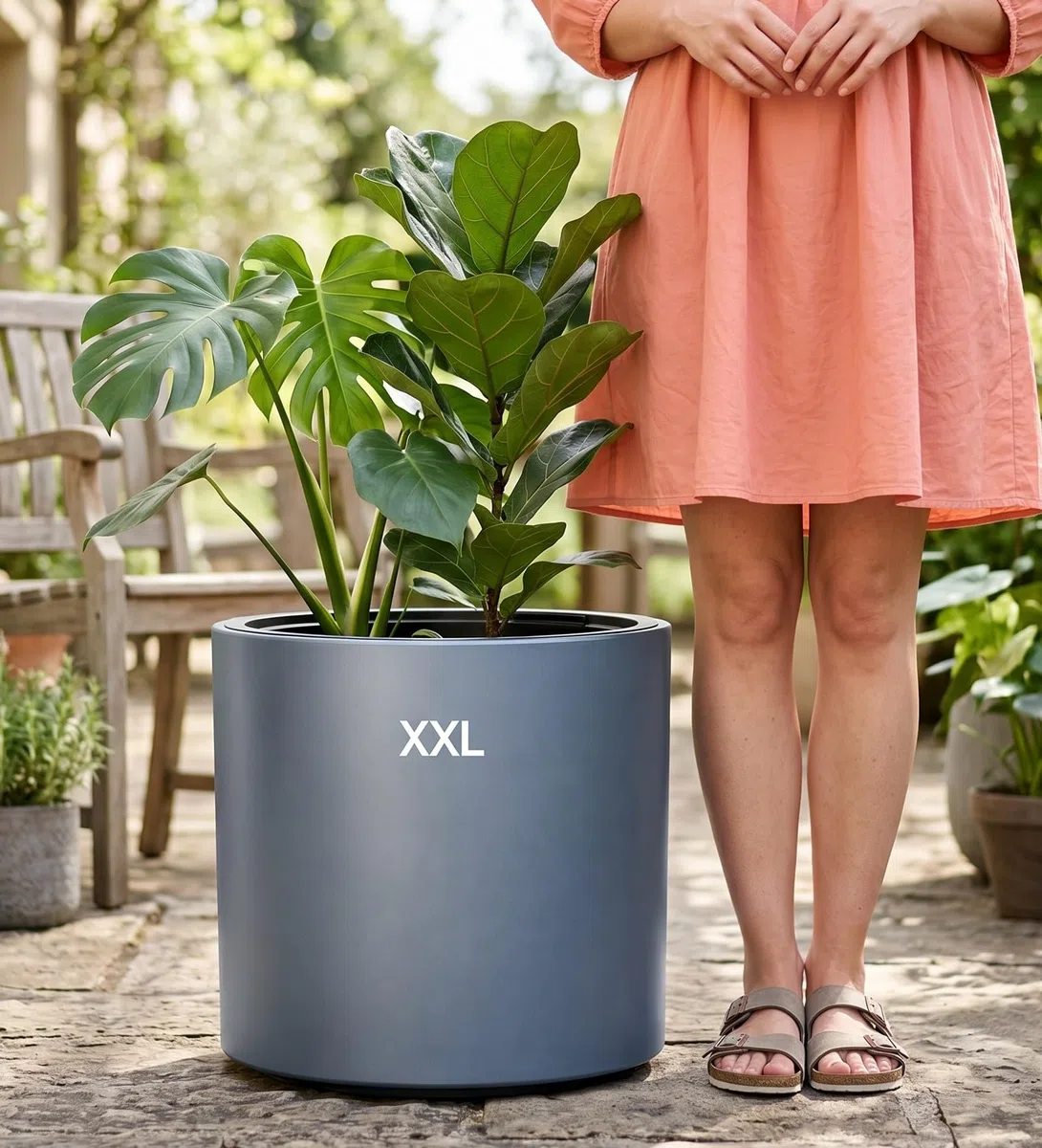 MELTOM Vaso da fiori con inserto e sistema di irrigazione – Rotondo e moderno – Resistente al gelo e ai raggi UV – Vaso per piante in plastica per interni ed esterni – (Antracite, XXL)