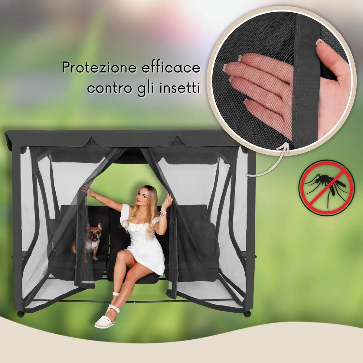 SPRINGOS Zanzariera per altalena da giardino, rete di protezione con cerniera, altezza 165 cm, circonferenza 680 cm, copertura universale per altalena Hollywood, poliestere, grigio scuro