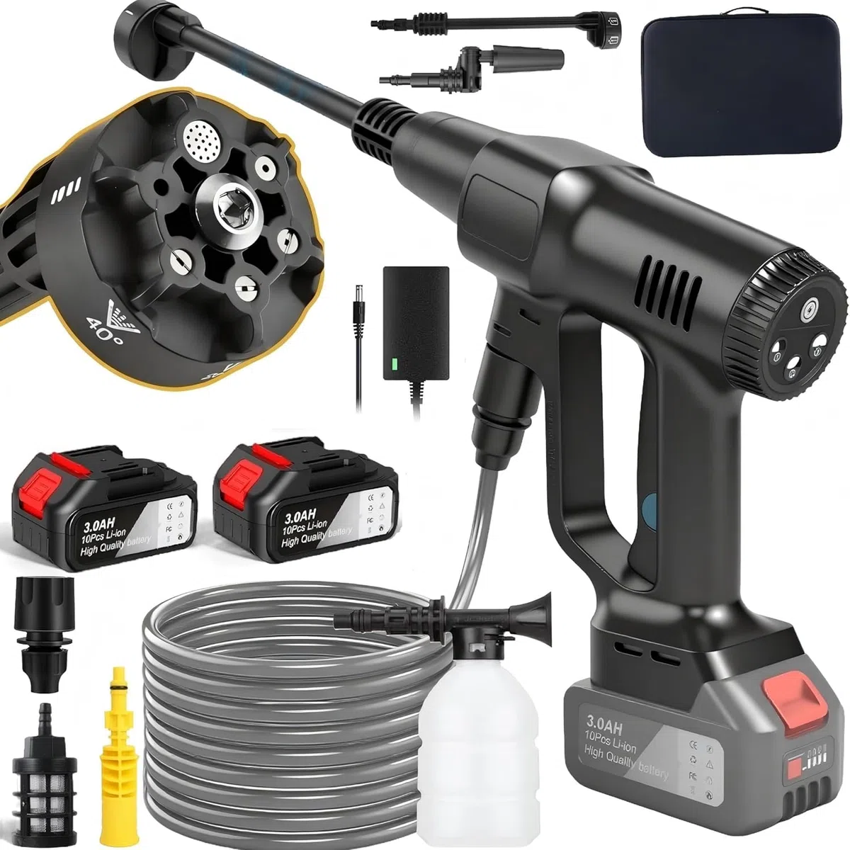 Idropulitrice a Batteria 100 Bar, Idropulitrice Senza Fili con Batteria da 6,0 Ah, Ugello 6 in 1, 3 Velocità Livelli di Pressione 60/80/100 Bar, Idropulitrice Portatile con Display LCD (Nero)