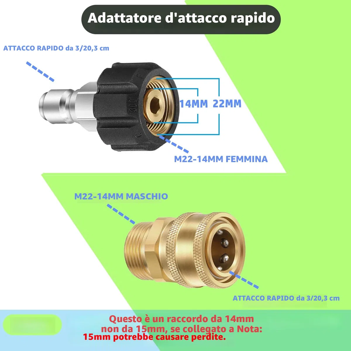 Set di adattatori per idropulitrici ad alta pressione, in rame, 6 pezzi Quick Connect per idropulitrici, M22 girevole su attacco rapido da 3/8 pollici per pistola a spruzzo