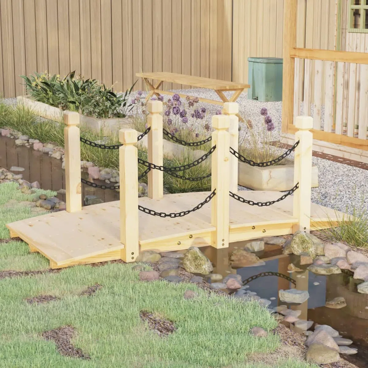 Ponte da Giardino con ringhiere a Catena, Ponte Decorativo per Prato e laghetto da Esterno, Ponte da Giardino in Legno, Ponte Decorativo per Prato e laghetto da Esterno, 150x67x56 cm, Ponti