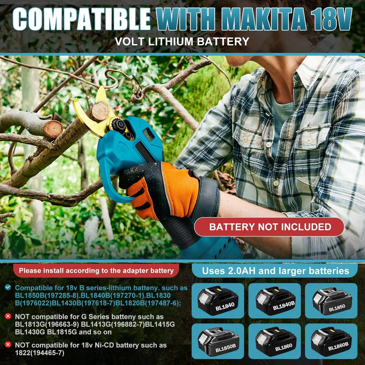 Taglierina per rami senza fili 45 mm per Makita 18 V (senza batteria), motore senza spazzole, sega a ramo elettrico, batteria, cesoie per alberi, display LCD per potatura alberi