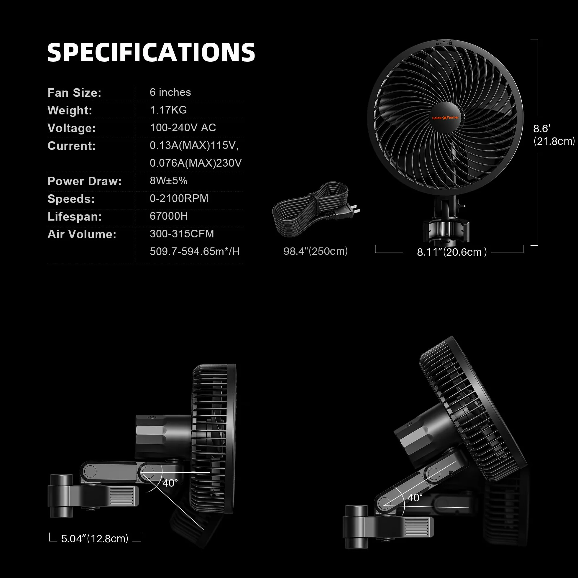 SPIDER FARMER Grow Ventilatore con clip, 10 velocità, motore EC, IP-44, protezione oscillante, ventola a clip per tenda da 10 W, clip fan Grow Tent