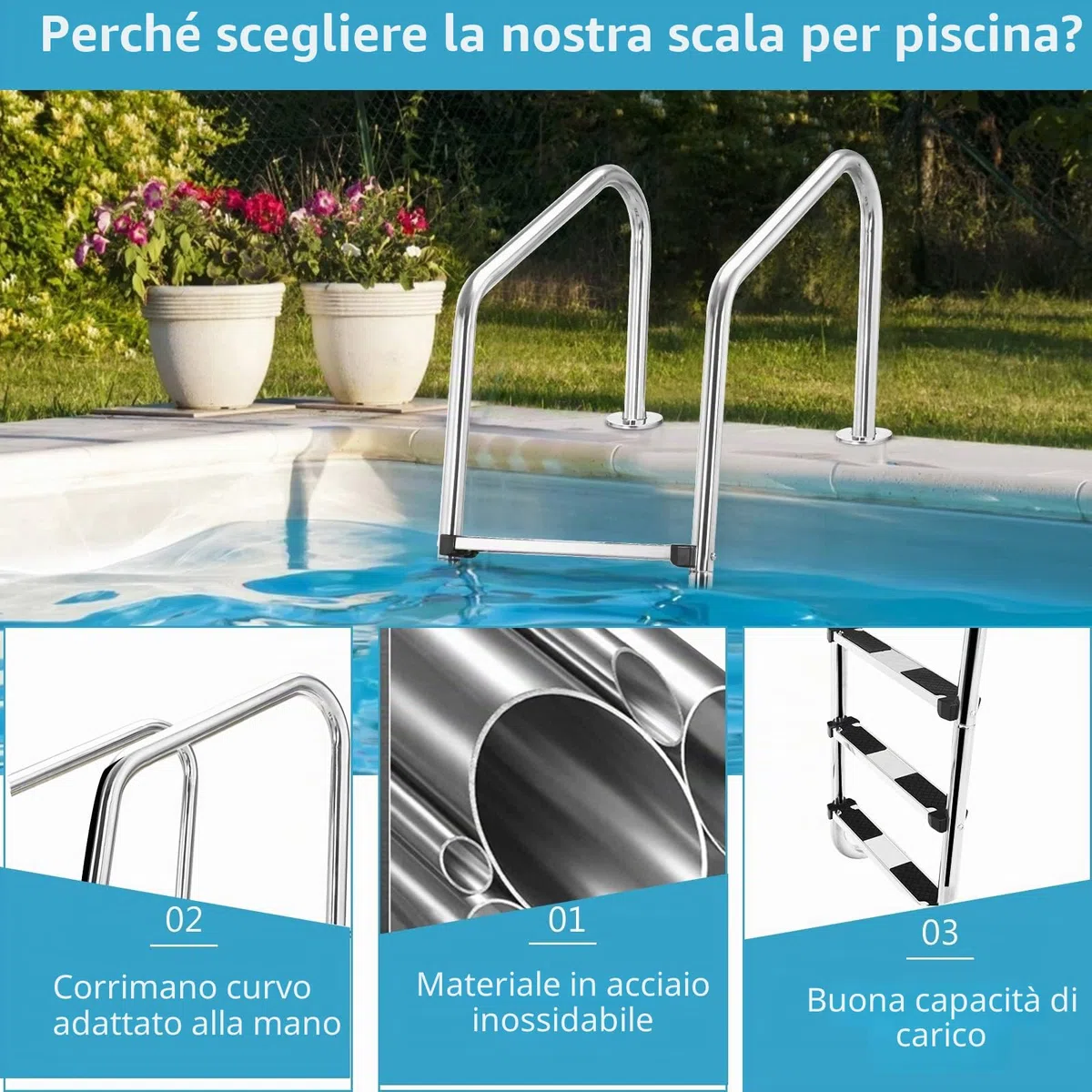 LIFEZEAL Scala per piscina a 3 gradini in acciaio inox, scala da piscina a forma di U con gradini antiscivolo e comode mani correnti, ideale per piscina, spa, parco