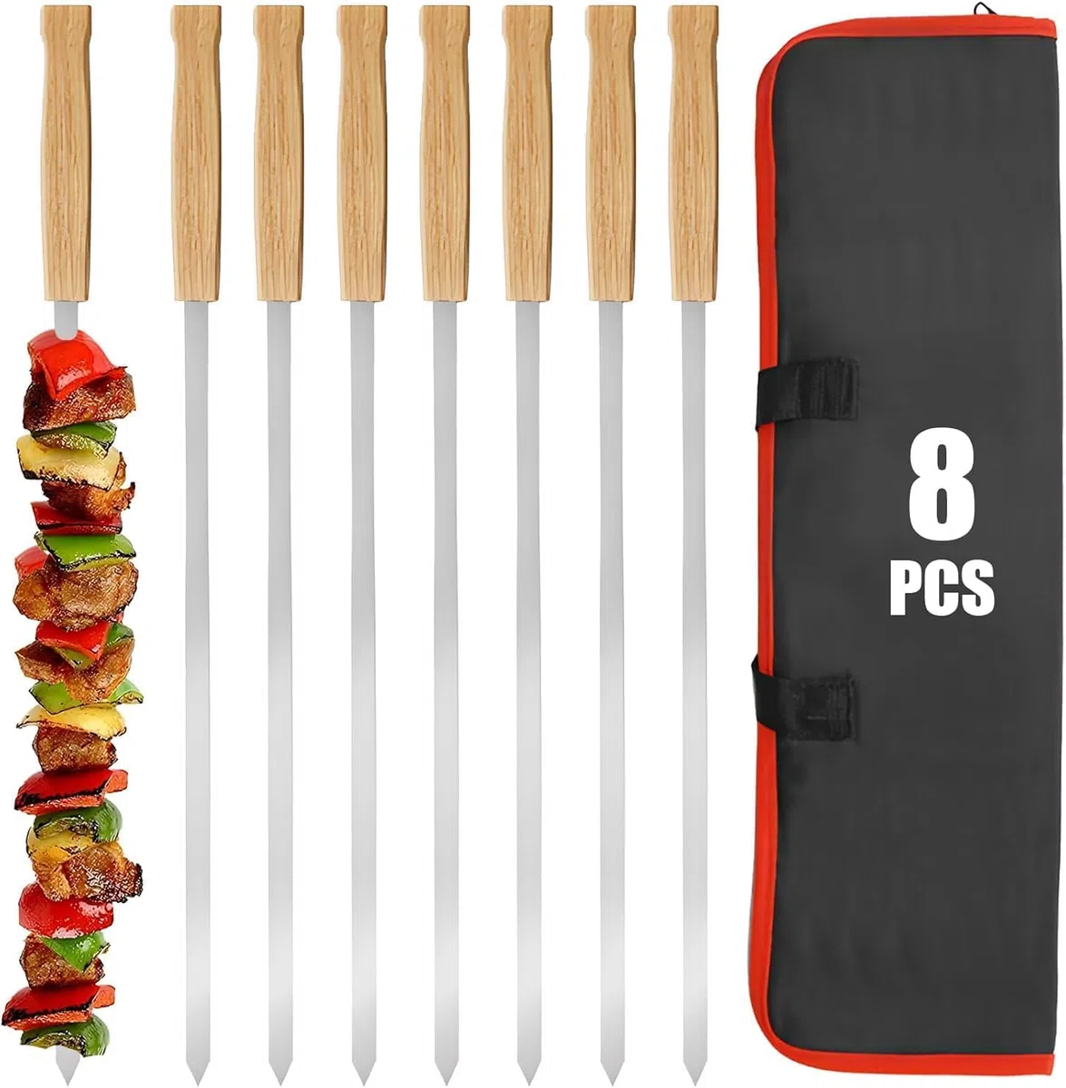 8 Pezzi Spiedini in Acciaio Inox con Manici in Legno di Faggio, Spiedini Barbecue Lunghi 42 cm, Spiedo per Barbecue Riutilizzabili, Accessori Barbecue per Verdure, Carne e Salsicce