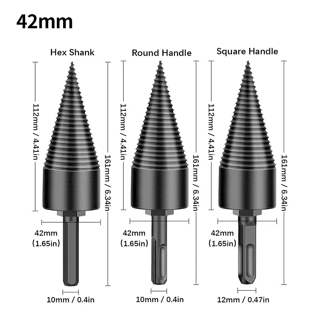 Punta per legna da ardere con gambo rotondo, professionale, spaccalegna a vite, cono, spaccalegna per legno, spaccalegna a spirale con 3 manici per trapano, per uso domestico (42 mm)