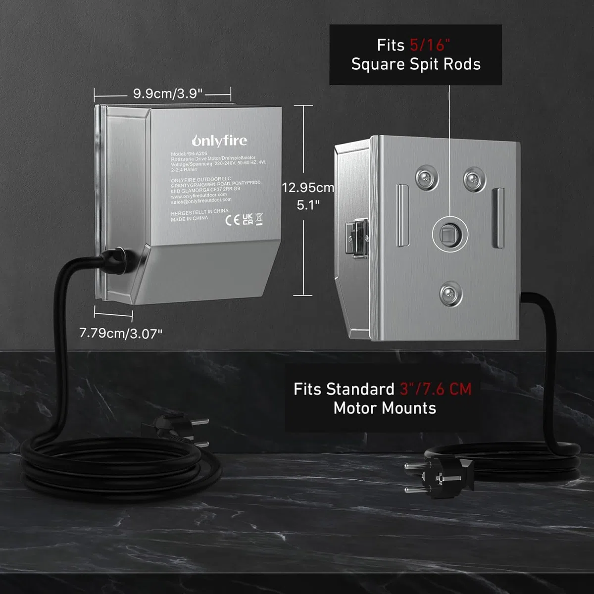 Onlyfire Motore per Girarrosto, Barbecue e Rosticceria in Acciaio Inox, 2-2.4 R/M, 50/60 Hz, 4 Watt, 220-240 V