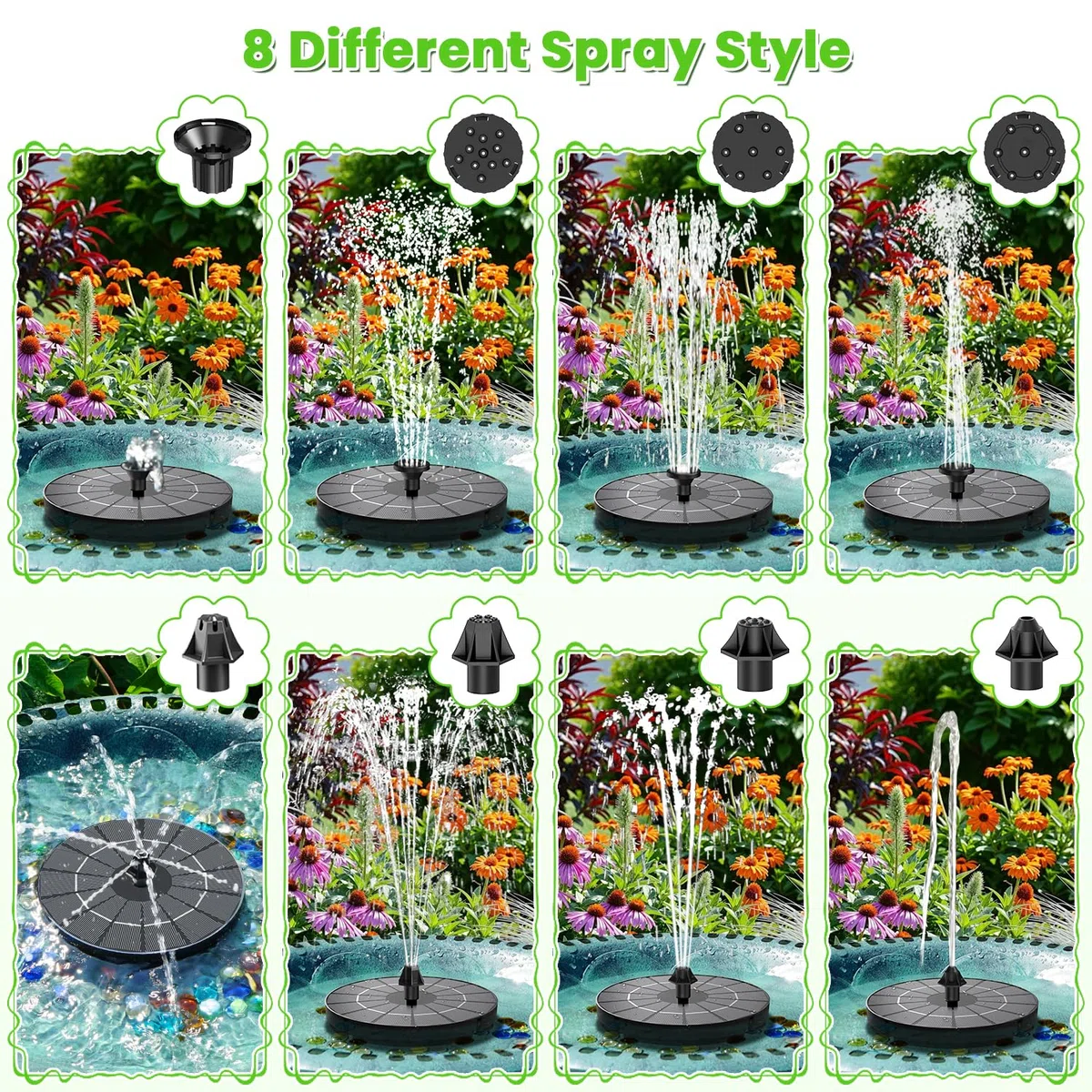 SZMP Fontana Solare Esterna, 3.5W Pompa ad Acqua Solare con 2000mAh Batteria, Fontana da Giardino Esterno con 8 Ugelli & 4 Fissatori per Laghetto, Piscina, Vaso dei Pesci e Bagno per Uccelli