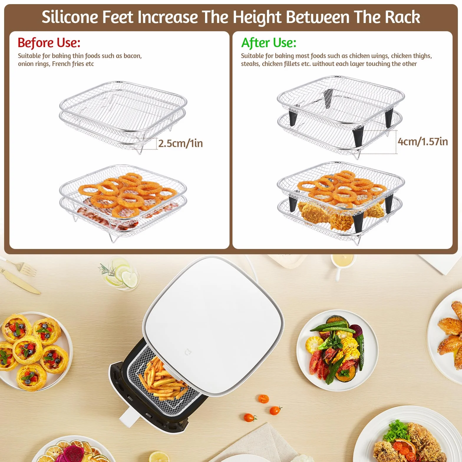 Rack per Friggitrice Ad Aria in Acciaio Inossidabile 304, 20cm Impilabile Accessori per Friggitrice Ad Aria per, Torre Quadrata Cestello per Friggitrice Ad Aria, Cestello per Griglia