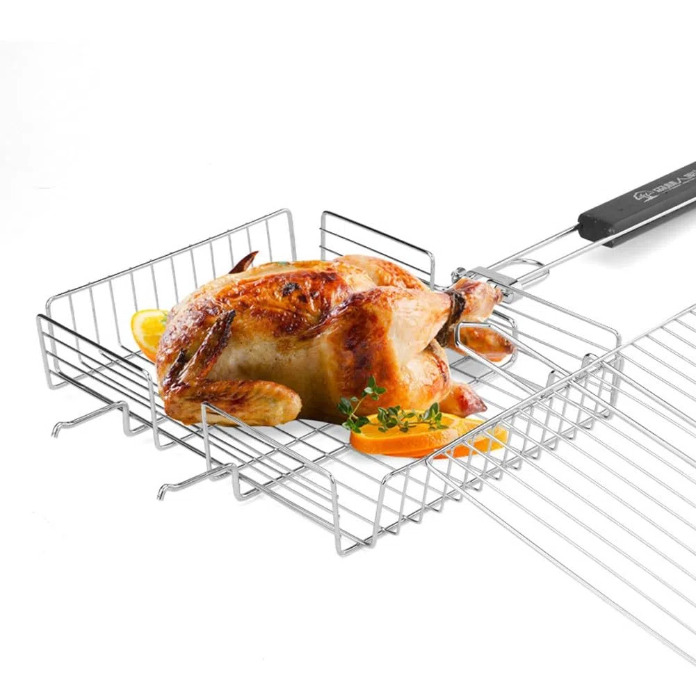 Cestino pieghevole in acciaio inox per barbecue con manico rimovibile, rete portatile per barbecue per campeggio e cucina all'aperto, 64,5 x 31 x 5 cm