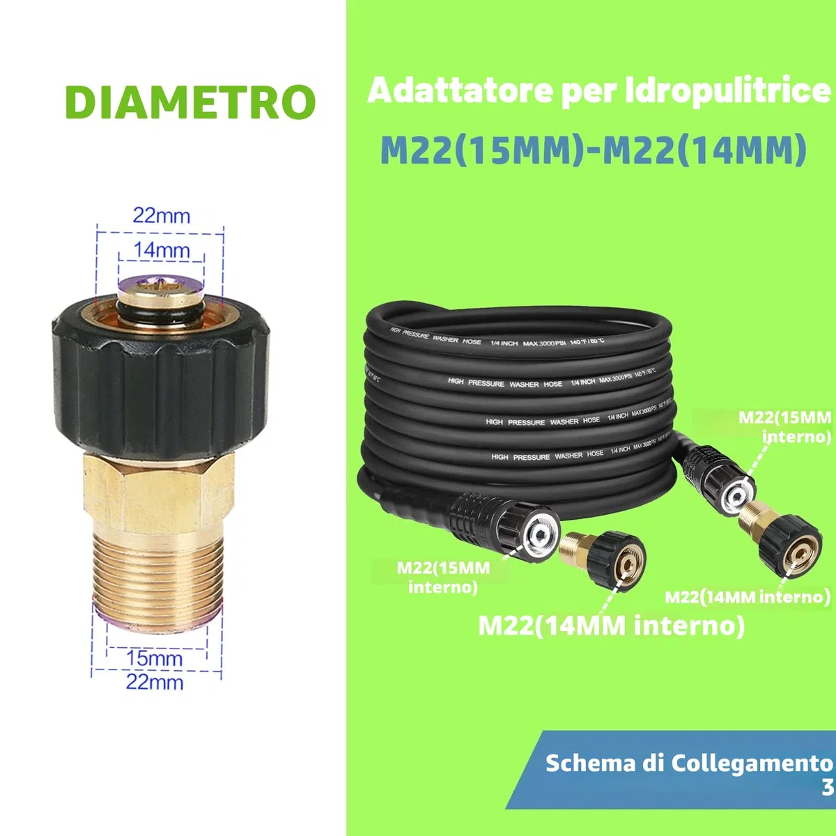 Set di adattatori per idropulitrici ad alta pressione, in rame, 6 pezzi Quick Connect per idropulitrici, M22 girevole su attacco rapido da 3/8 pollici per pistola a spruzzo