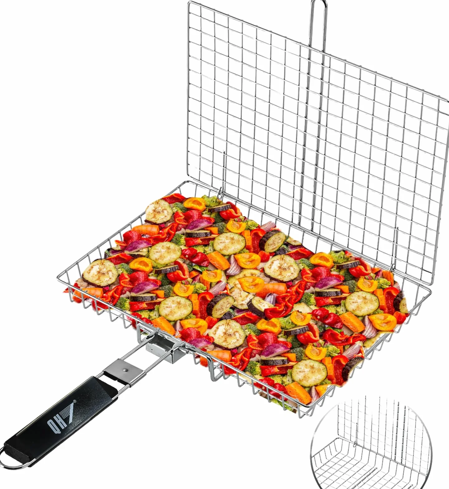 Cestino da cucina in acciaio inox per barbecue, pieghevole, portatile, con manico rimovibile, rete antiaderente per pesce, verdure, gamberetti