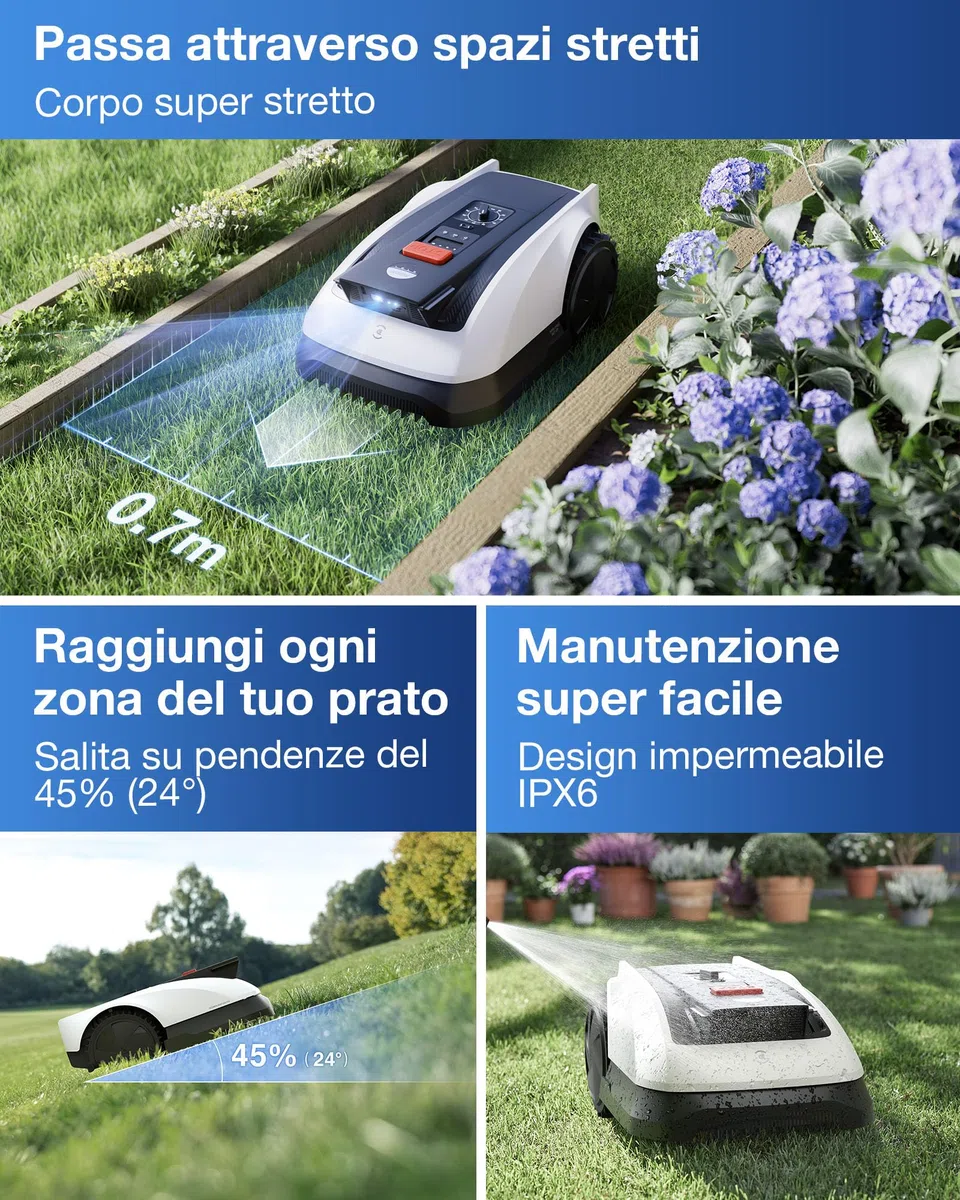ECOVACS GOAT O800 RTK Robot Tagliaerba,Include Garage +Kit lame, 800m², RTK+Vision Potenziata da LiDAR Rasaerba Robot, Mappatura Automatica, Passa percorso di 0,7 m, Taglio dei bordi, Pendenza 45%