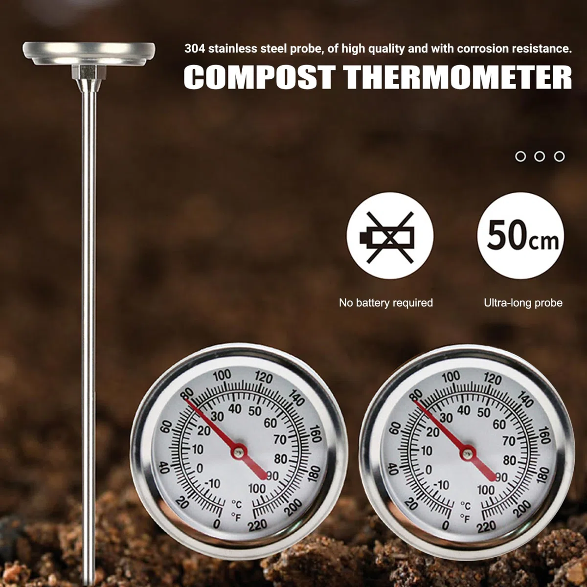 Termometro per Compost, termometro per Terreno in Acciaio Inossidabile con quadrante da 2 Pollici e Stelo da 20 Pollici Portatile per Terreno, Compost, Giardino