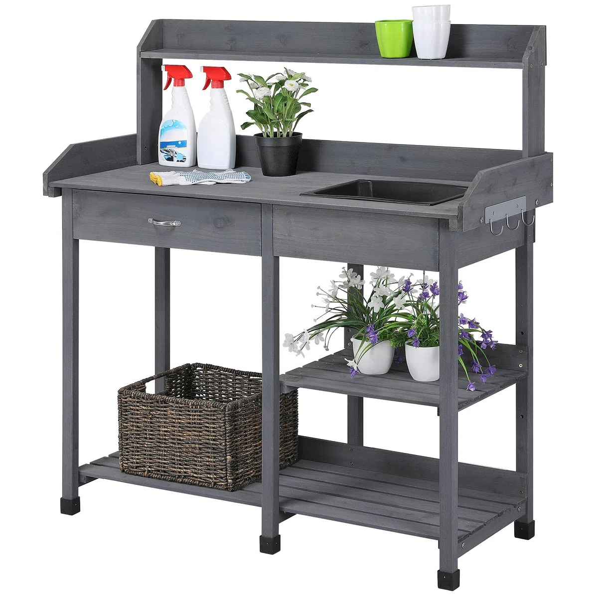 Yaheetech Tavolo Lavoro da Giardino per Piante in Legno con Lavandino Rimovibile Cassetto Spazioso Ganci Armadietto Banco per Giardinaggio Grigio