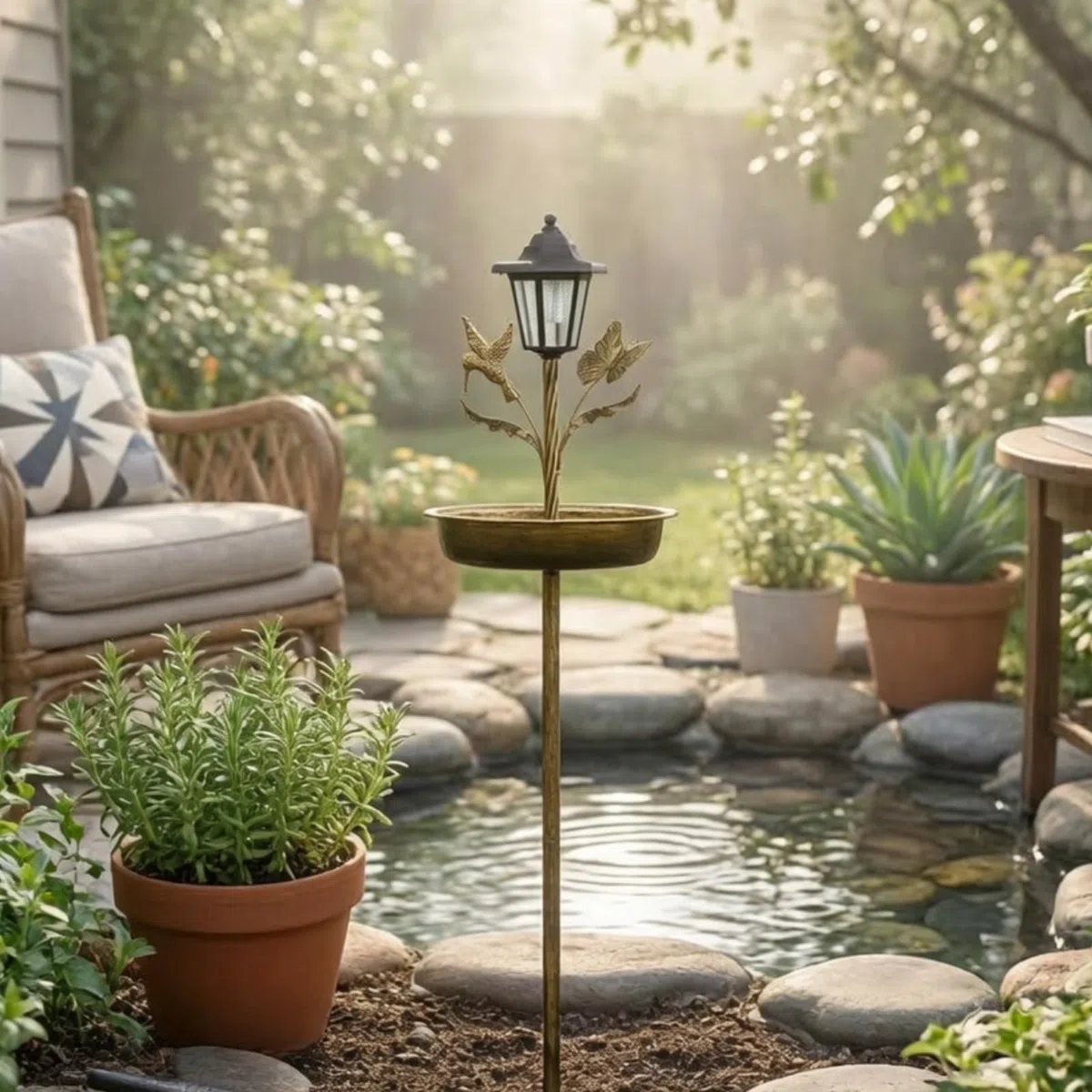 Bagno per Uccelli da Giardino Vasca Piatta Mangiatoia a Palo in Metallo con Punte per Fissaggio Stile Lanterna con Elementi Foglie E Fiori Durevole