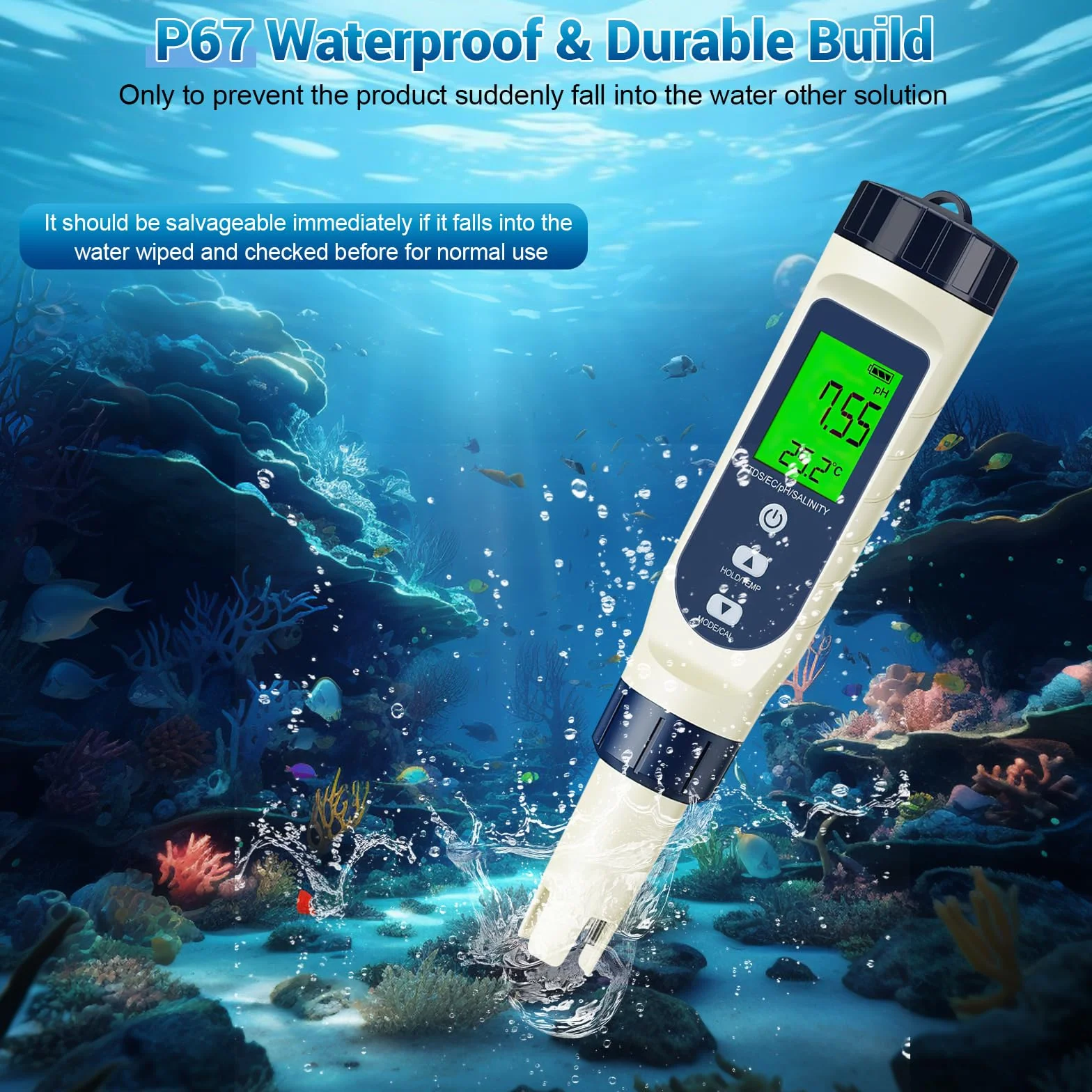 Tester digitale di qualità dell'acqua 5 in 1, PH/TDS/EC/Salinità/Termometro, Schermo LCD con compensazione automatica della temperatura, Tester dell'acqua per acqua potabile, acquario, piscina