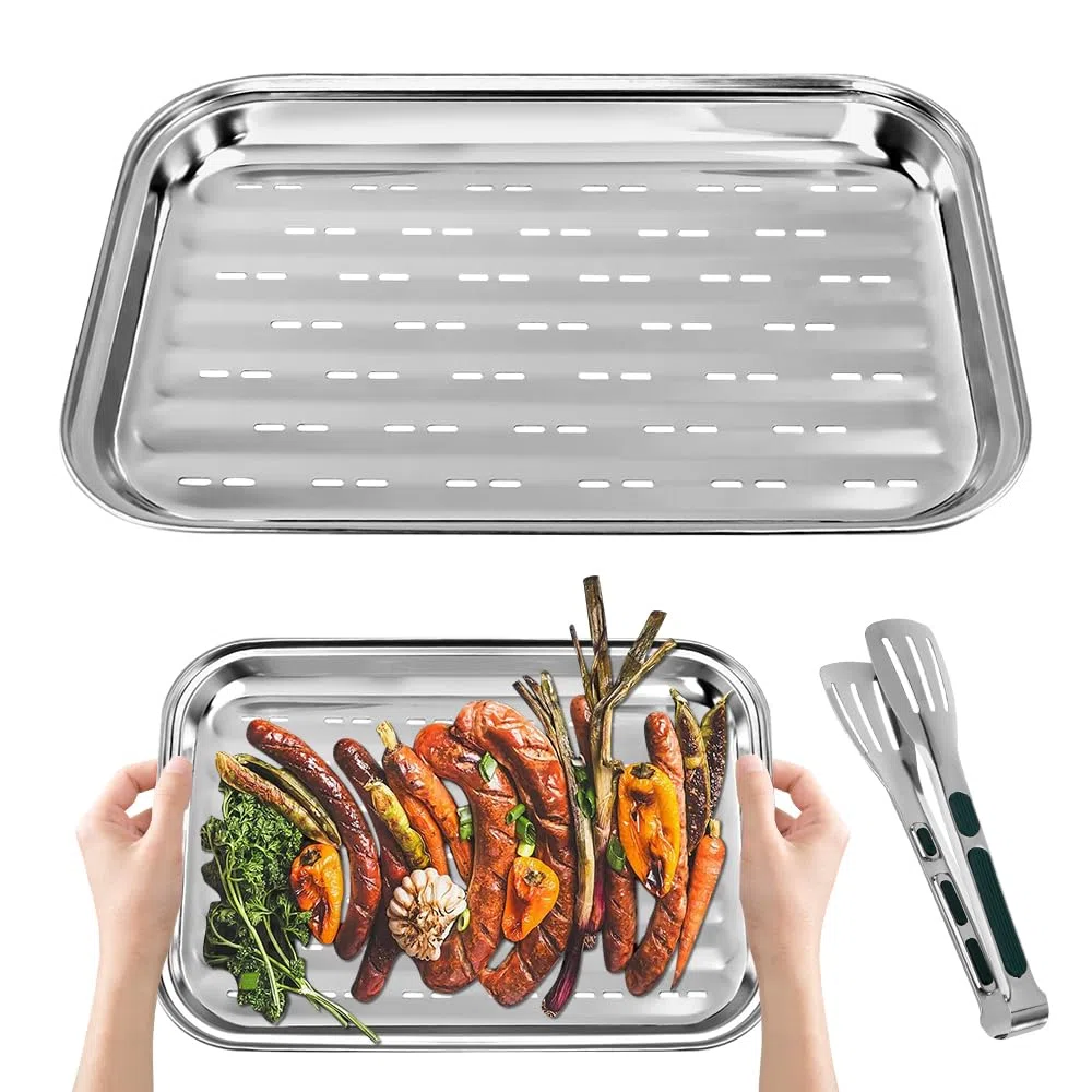 2 vassoi per barbecue in acciaio inox con fori, vassoio per barbecue con pinza, vassoi da forno per grigliare verdure, carne e pesce