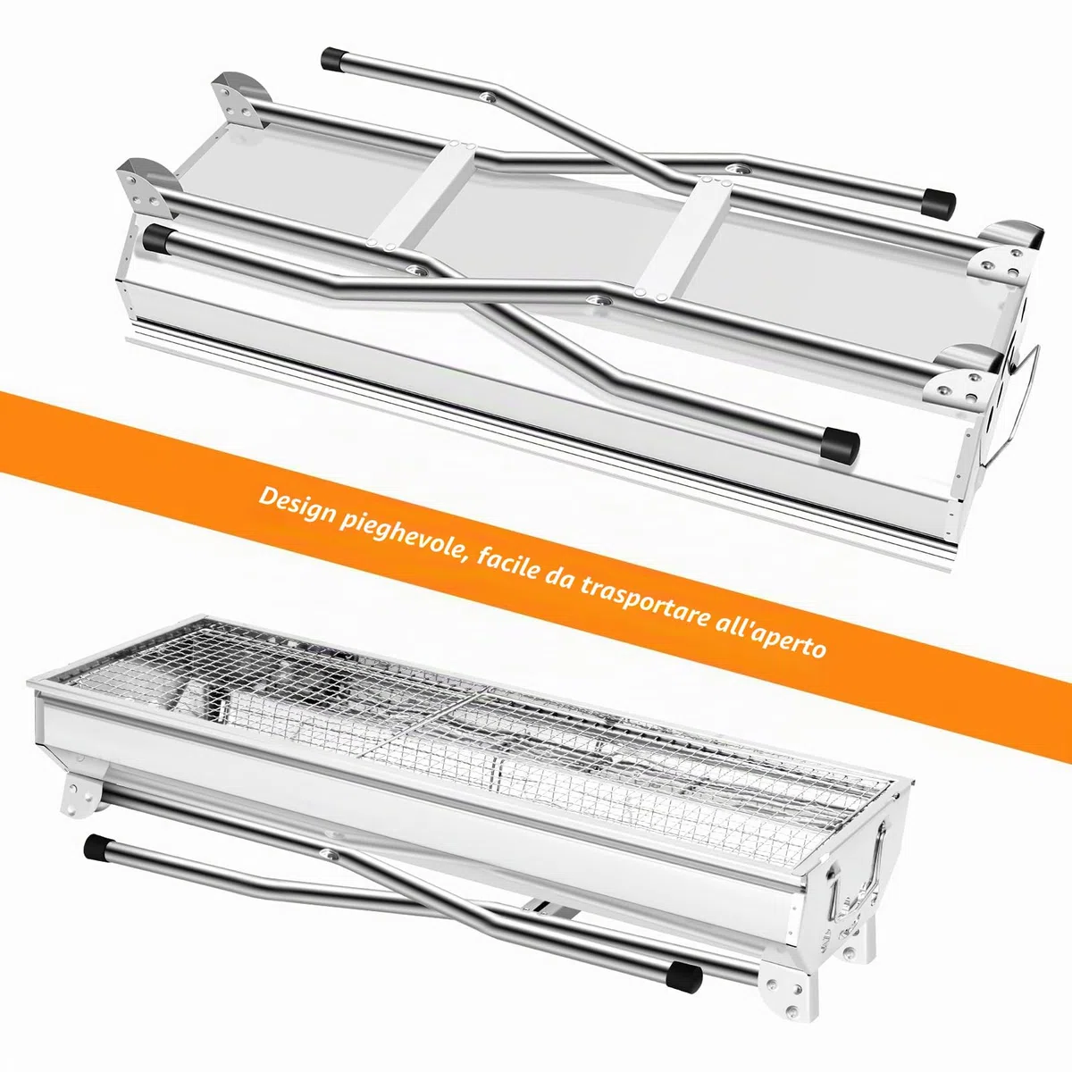 Barbecue a carbonella XXL (73 * 28 * 76 cm), Barbecue portatile a carbone, Griglia pieghevole in acciaio inox, Barbecue a carbone per esterni, Barbecue da tavolo a carbonella, Carrello barbecue