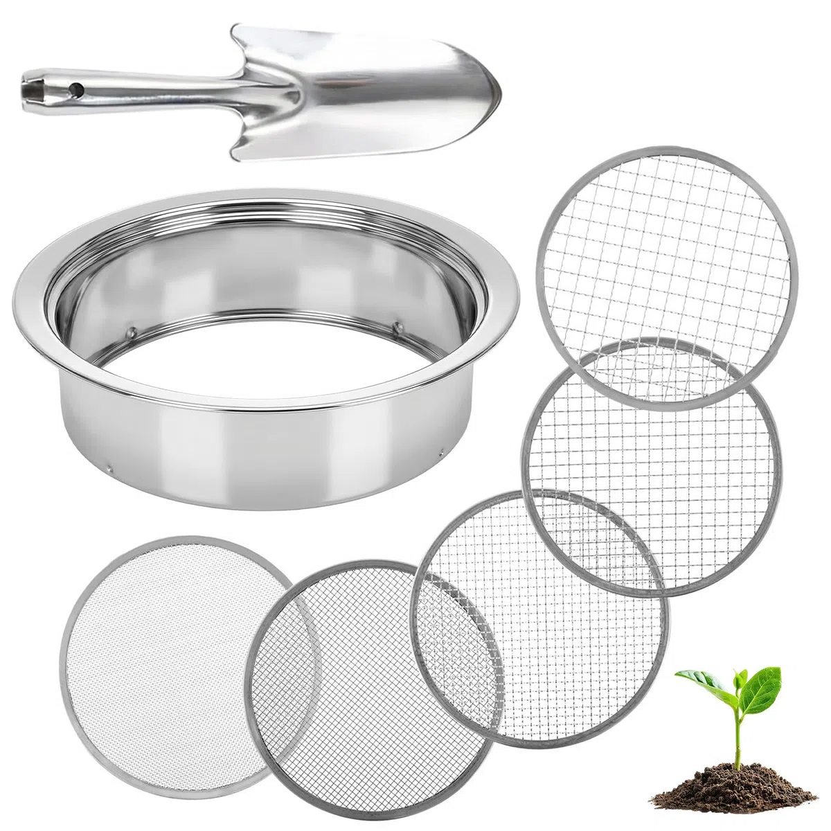 5 in 1 Setaccio da Giardino Ø 1,3,6,9,12mm Setaccio Sabbiain Acciaio Inox + 1 Vanga a Mano per Terra, Pietre, Compost, Erbacce, Sabbia