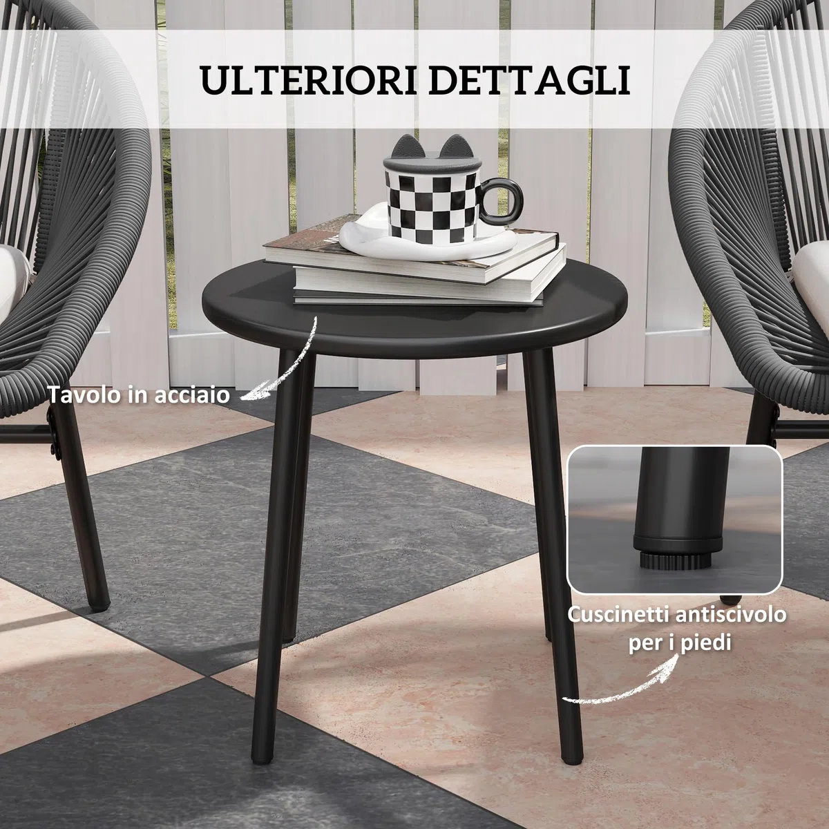 Outsunny Set da Giardino 3 Pezzi Tavolo e Sedie da Balcone Nero | Salotto da Giardino, 2 Sedie con Cuscino, Tavolino Acciaio Rattan PE, Terrazza