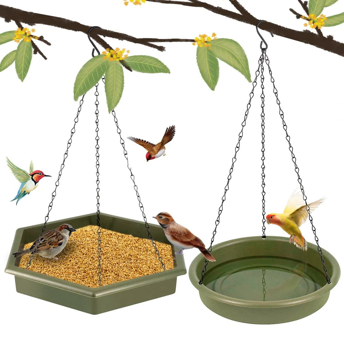 Mangiatoia per Uccelli, 2 in 1 XL Mangiatoia per Uccellini da Esterno & Abbeveratorio per Uccelli (Verde militare)