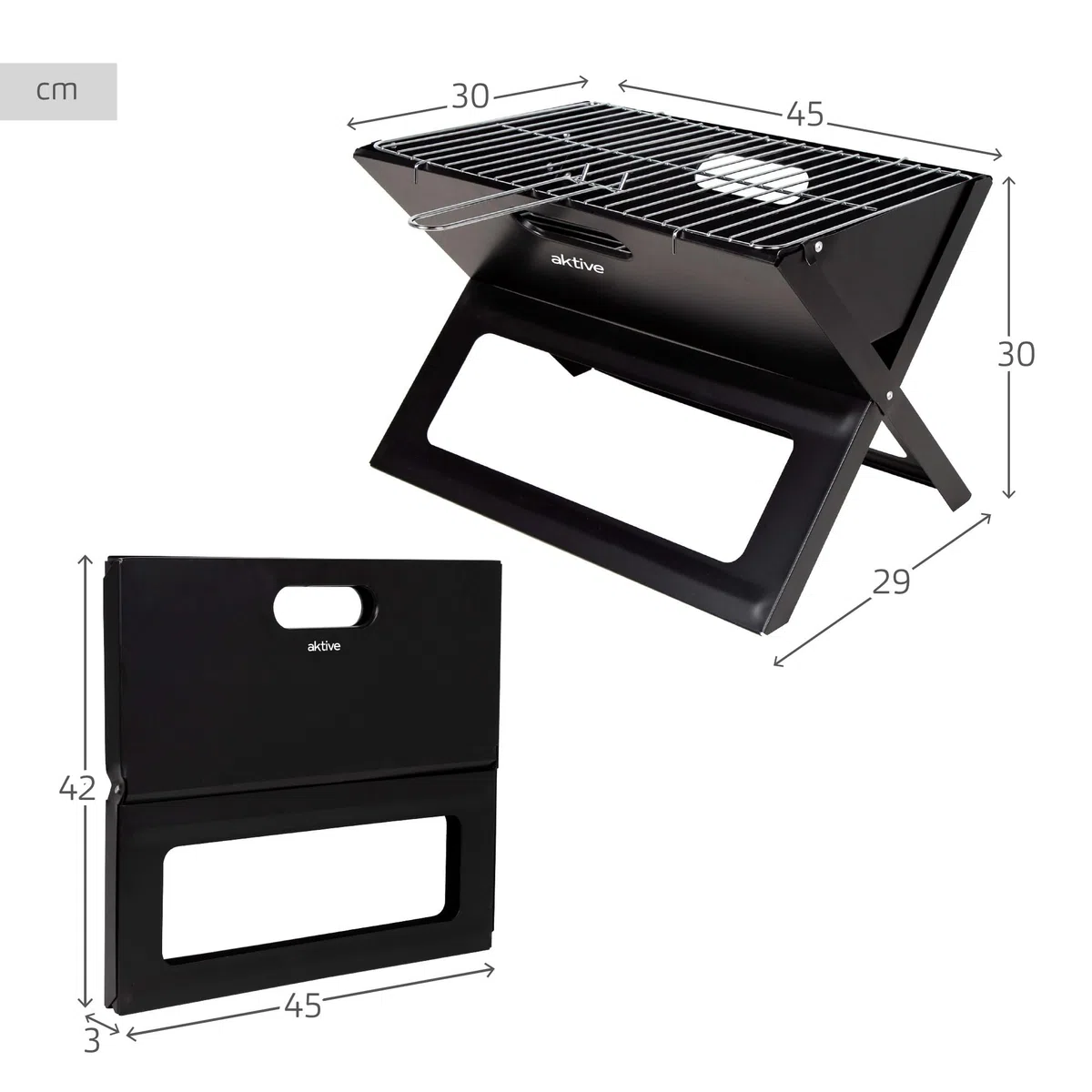 AKTIVE 63033 - Barbecue portatile e pieghevole a carbone in acciaio, con maniglia per il trasporto, misure 45 x 29 x 30 cm, facile da montare e trasportare, per campeggio, terrazza, balcone