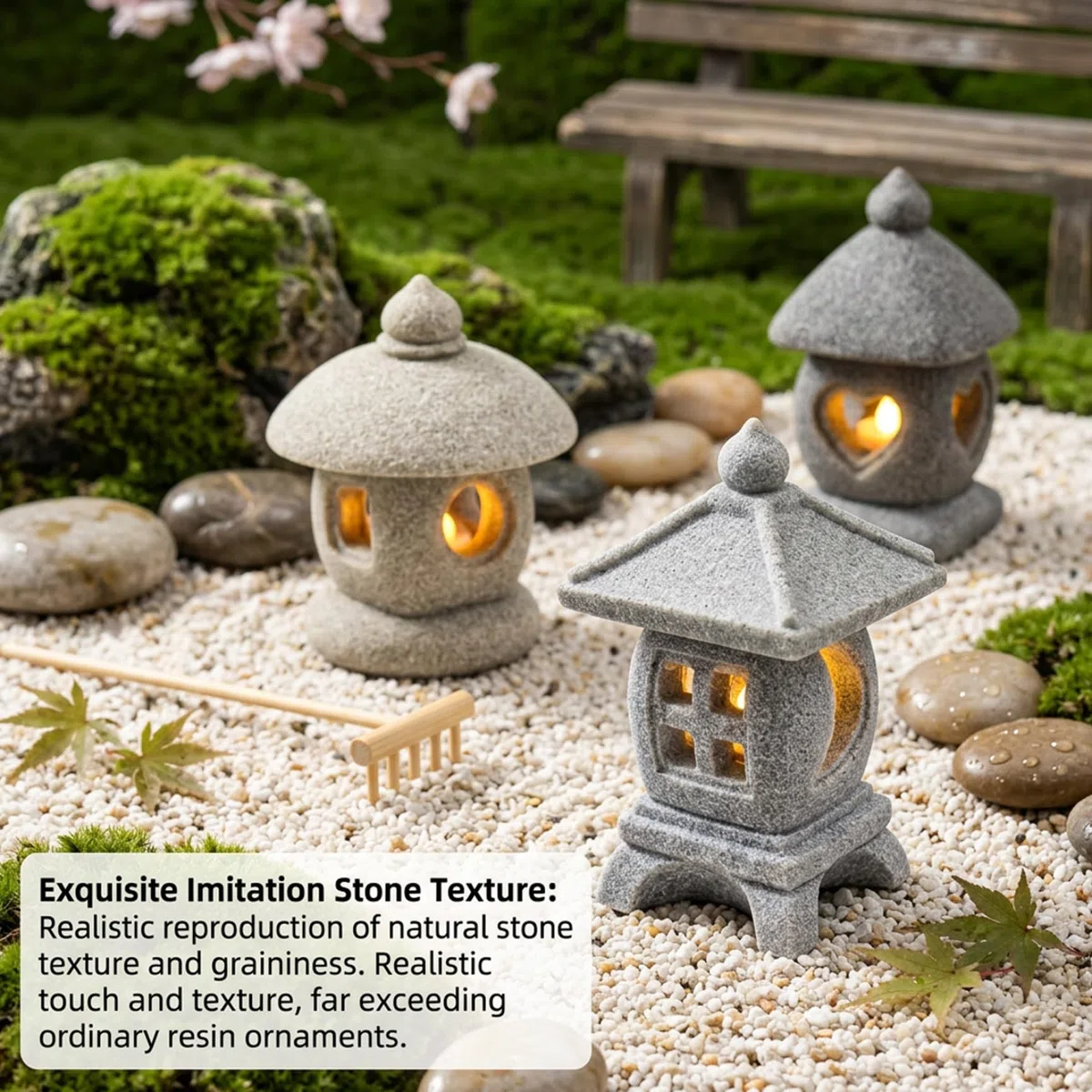 Statua da giardino a pagoda da 3 pezzi con luce LED calda, mini lanterna con texture in pietra realistica, decorazione da giardino giapponese e figurine bonsai