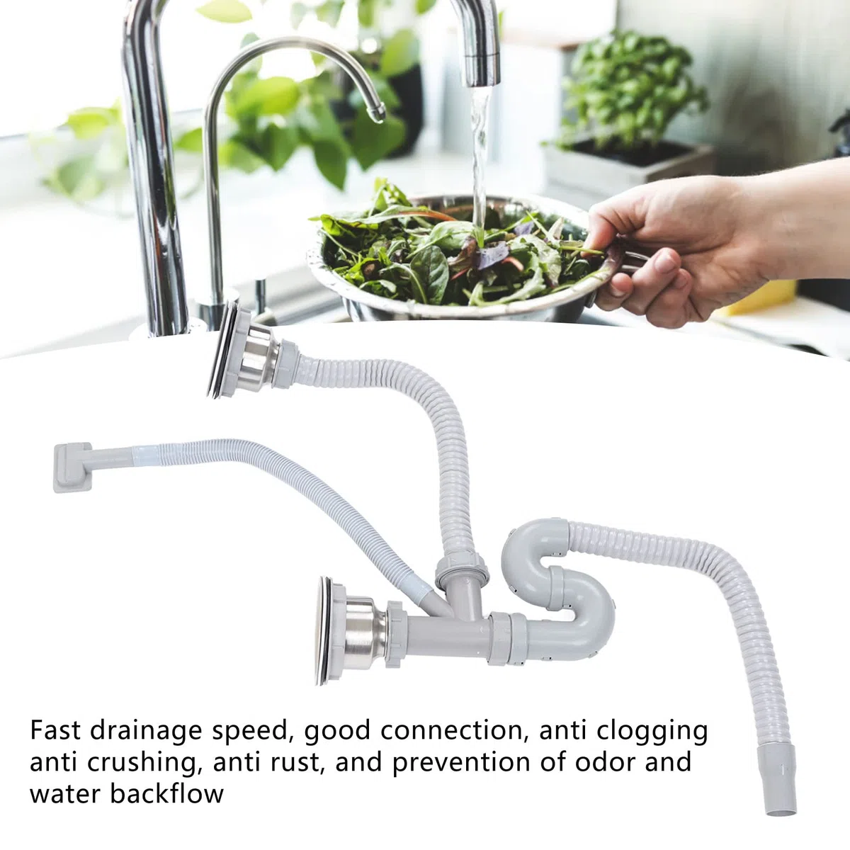Set di Tubi Scolapiatti in Acciaio Inox per Lavello da e Bagno, Tubo di Scarico Flessibile con Doppio Sifone, di Drenaggio per Lavandino di Casa