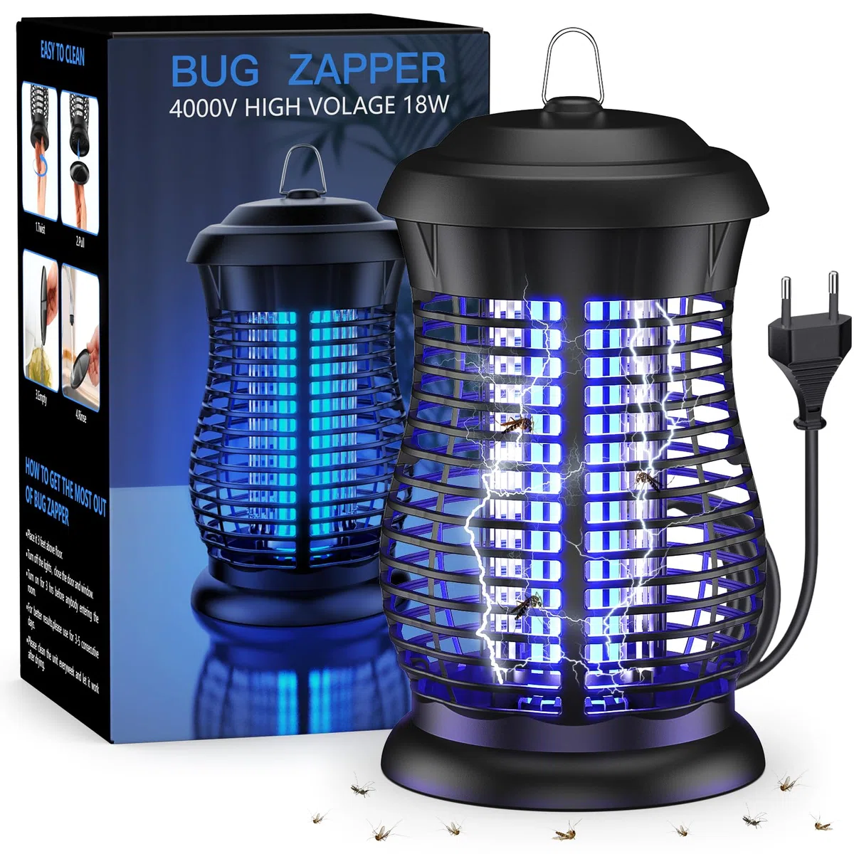 Lampada Antizanzare Elettrica, 18W 4000V Electric Zapper, IPX4 Impermeabile, UV Zanzariera con Spazzola Di Pulizia Adatto a Patio Giardino Cucina Casa