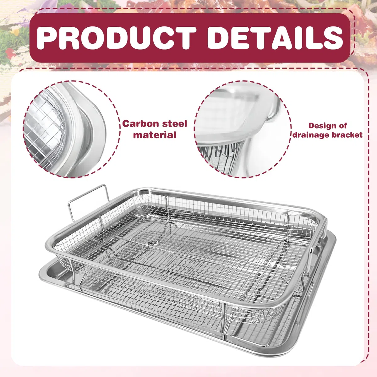Teglia da forno con griglia di raffreddamento, cestino per barbecue, in acciaio inox con manico e base, rettangolare, in rete, per grigliare e raffreddare (32,5 x 24,5 x 5,2 cm)