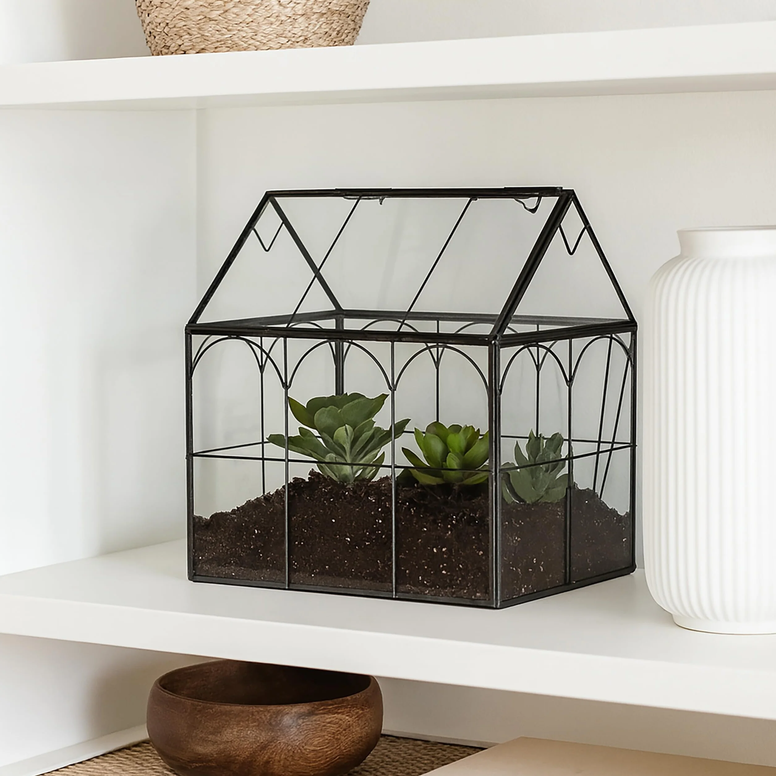 Relaxdays Terrario Piante, Mini Serra in Vetro e Zinco, Teca per Piantine Grasse e Muschi, Vaso Ecosistema Chiuso, Nero