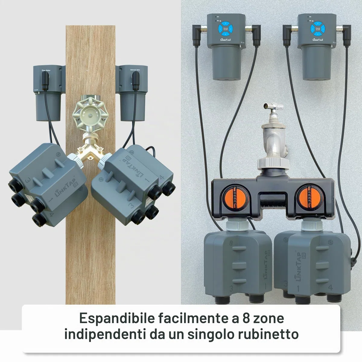 LinkTap Q1 Timer Irrigazione 4 Vie (Richiede Gateway), Protezione Antigelo | Programmatore 4 Zone Indipendenti per Giardino, Prato e Orto, 4 Contalitri, Alimentazione Flex, Rete Mesh, Superiore al Wi-Fi