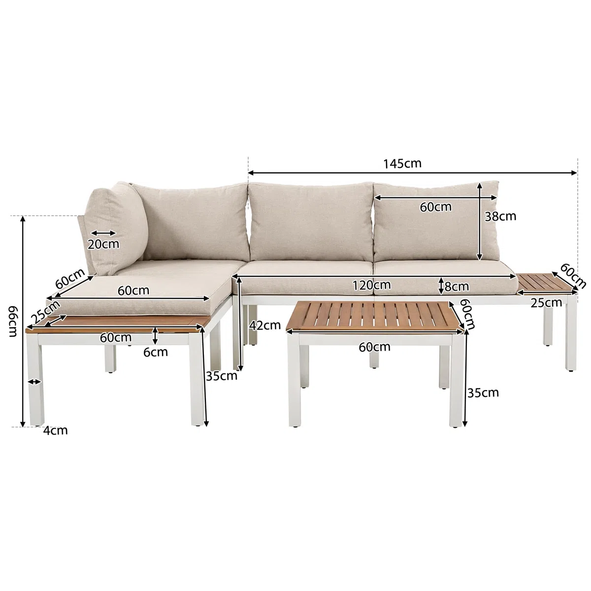 Set da giardino resistente alle intemperie con telaio in acciaio zincato (2 divani a 2 posti, 2 tavolini e 1 tavolino), piano in legno di acacia, il rivestimento in tessuto può coprire