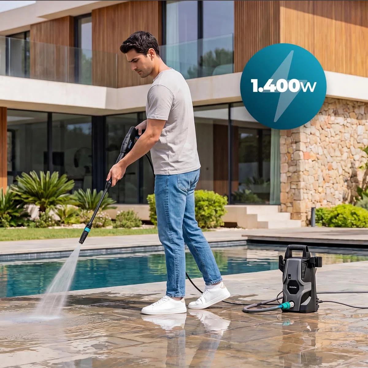 Cecotec Idropulitrice ad Alta Pressione HydroBoost 1400 Essential Plus. 1400 W, Pressione 105 bar, Casa, Giardino o Auto, Portata 426 l/h, Pompa in Alluminio, Raggio d’Azione 9m