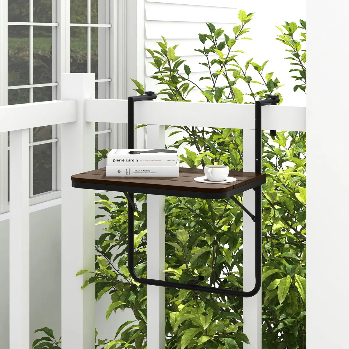 GIANTEX Tavolino Pieghevole da Balcone Nero/Marrone, Tavolo Tavolino da Ringhiera Salvaspazio Altezza Regolabile Struttura in Metallo, 72,5x64x60 cm (Marrone)