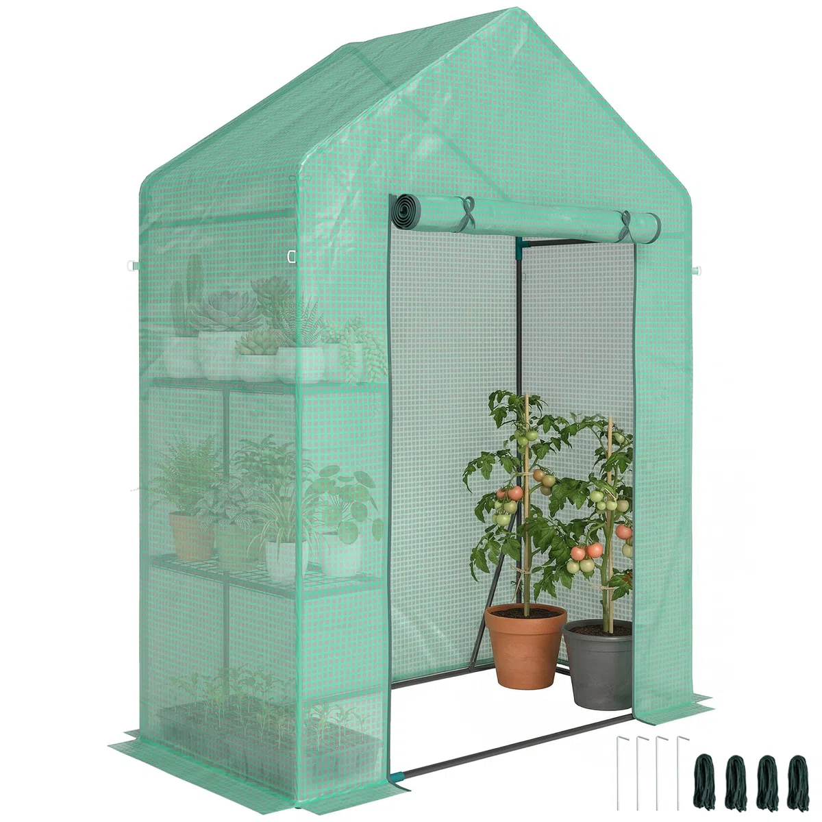 Outsunny Serra da Giardino con Porta Avvolgibile e Scaffale a 2 Ripiani, Serra per Orto con Struttura in Acciaio e Copertura PE, per Piante Orto Verdure Fiori Frutta, Anti UV, 143x73x195 cm, Verde