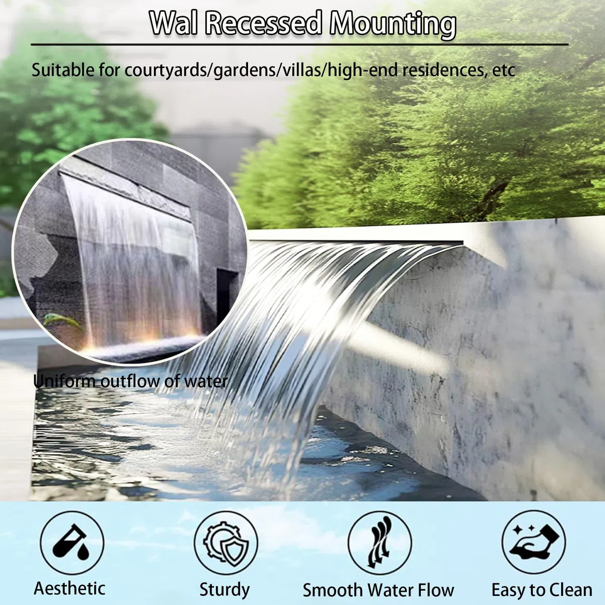 Cascata in acciaio inossidabile per giardino, stagno, patio, fontana, fontana, fontana, piscina, cascata per esterni, per un design moderno del paesaggio