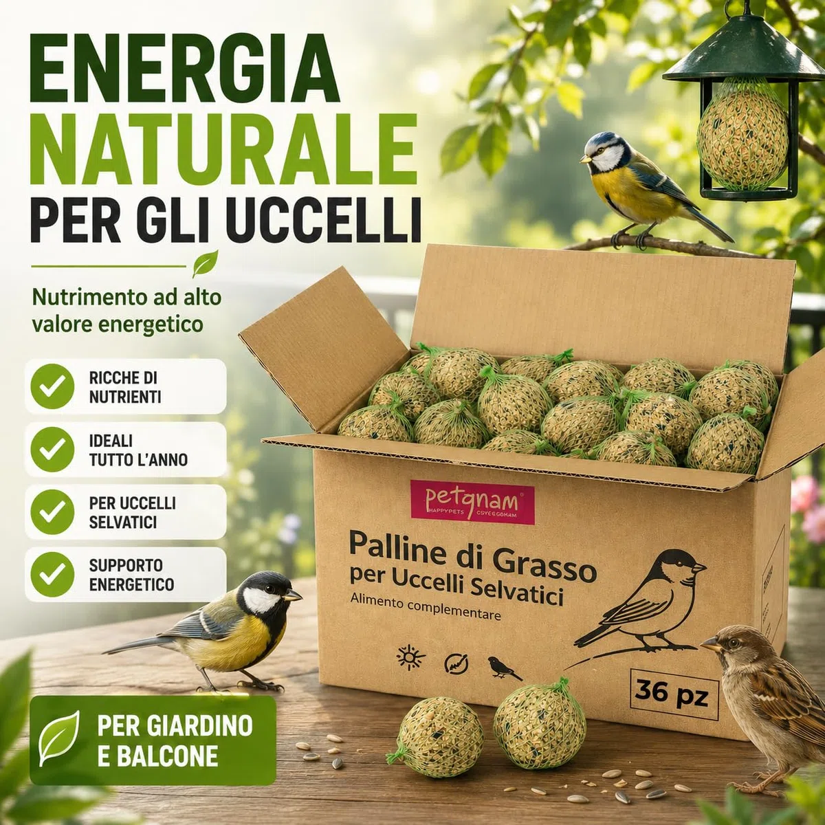 72 Palline di Grasso per Uccelli Selvatici 90 g - Mangime Naturale Senza Olio di Palma - Palle di Grasso ad Alto Valore Nutritivo per Uccellini - Ideali Tutto l’Anno per Giardino e Balcone (72)
