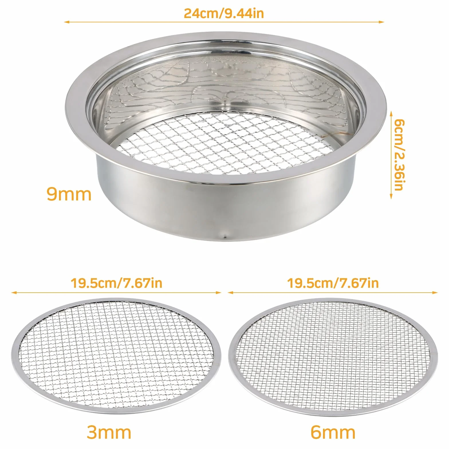 Setaccio Giardino, Colino da giardino in acciaio inox, Setaccio da giardino 3 in 1 in acciaio inox, con 3 Inserti Intercambiabili 3mm 6 mm 9 mm Setaccio Rotondo in Acciaio Inox, Setaccio per Compost