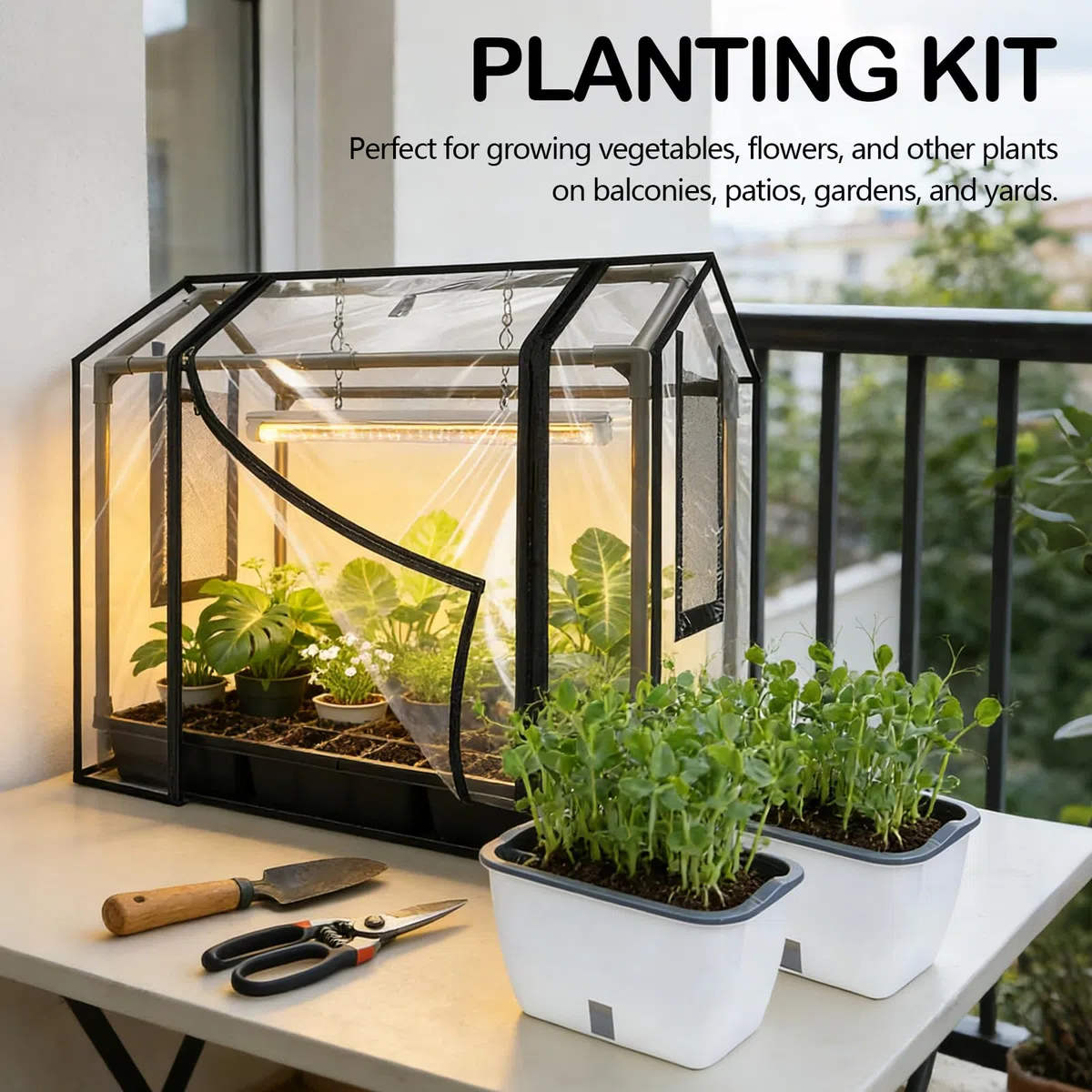 Kit di Piantagione, Serra da Balcone con 2 Vasi per Piante Copertura PVC 60 x 40 x 50 cm con Porta Avvolgibile a Cerniera Serra da Giardino Resistente Alle Intemperie Trasparente per Giardino Balcone