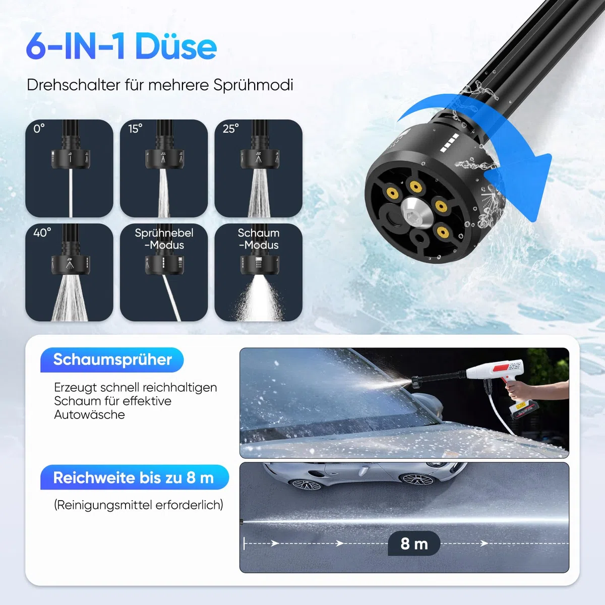 Rondella ad alta pressione a batteria, max 30 bar, 435 PSI, con 2 batterie da 10000 mA. Spruzzatore di schiuma, tubo da 5 m, ugello multifunzione 6 in 1, idropulitrice portatile ad alta pressione per