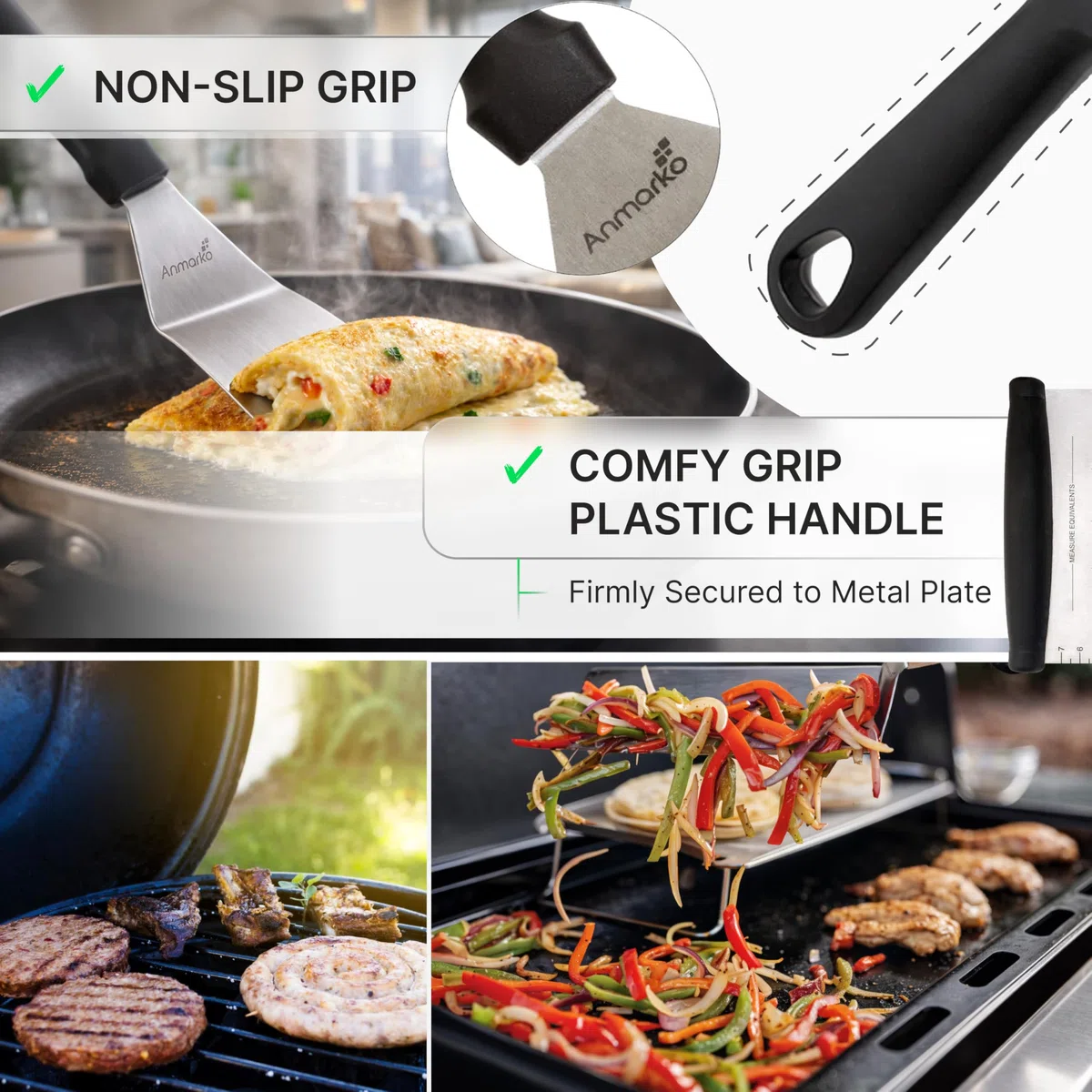Anmarko - Spatole in acciaio inox, raschietto, spatola piatta, spatola per pancake, paletta per hamburger, utensili in metallo per barbecue e griglia, accessori per piastra in ghisa, prodotto da