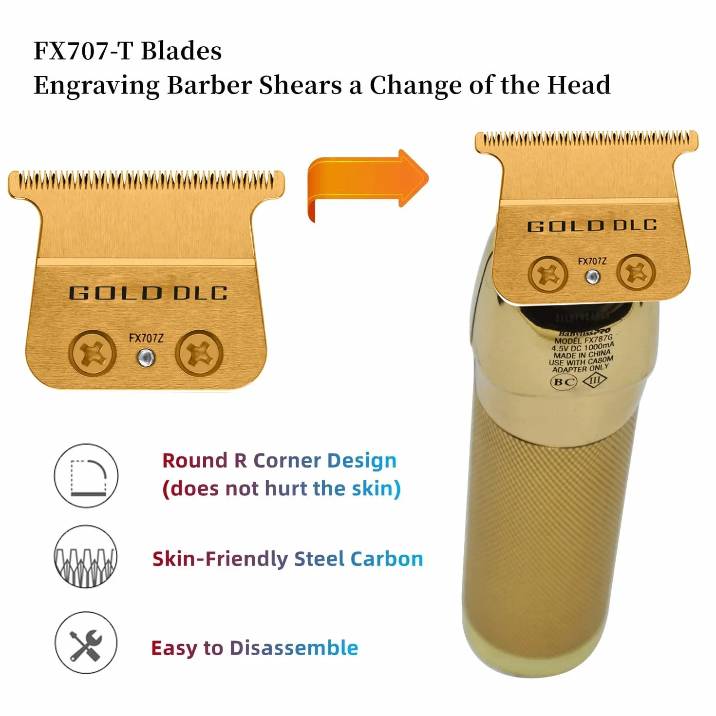 FX707Z Lame di ricambio per tutti i trimmer BaBylissPRO FX787 & FX726, lame di ricambio DLC compatibili con lame di taglio BaByliss, oro
