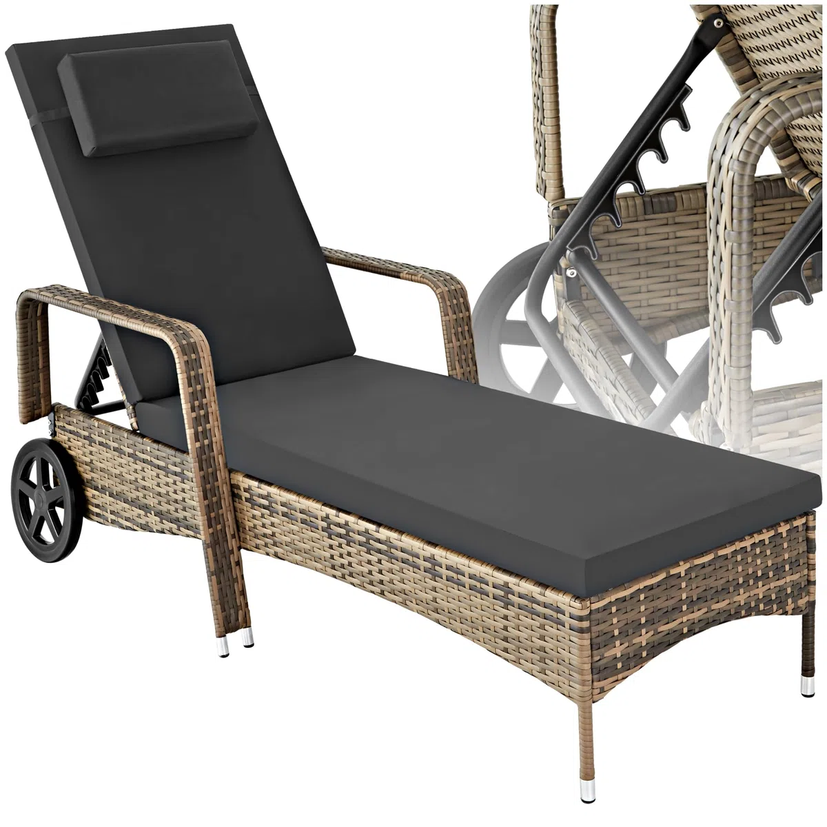 “tectake® Poly Rattan Sun Bed, Outdoor Garden Furniture, Sun Loungers, Garden Chairs, Terrace, Balcony, Pool Chairs, Rubberized Wheels, Interior Furniture, Sofa Chair - Natural/Dark Gray
