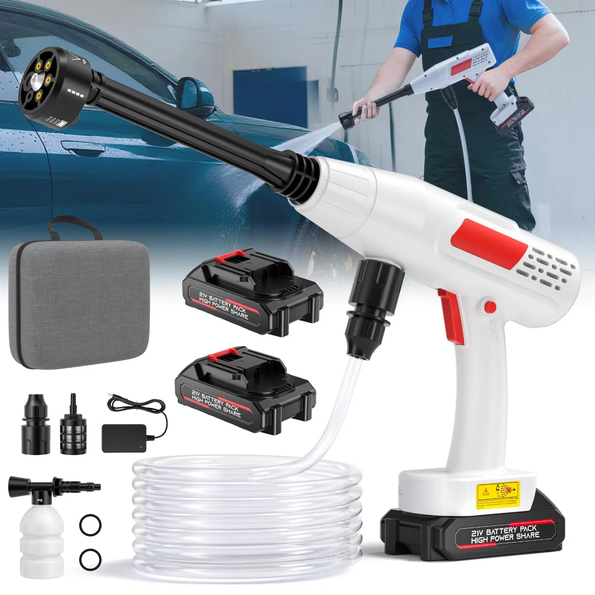 Rondella ad alta pressione a batteria, max 30 bar, 435 PSI, con 2 batterie da 10000 mA. Spruzzatore di schiuma, tubo da 5 m, ugello multifunzione 6 in 1, idropulitrice portatile ad alta pressione per