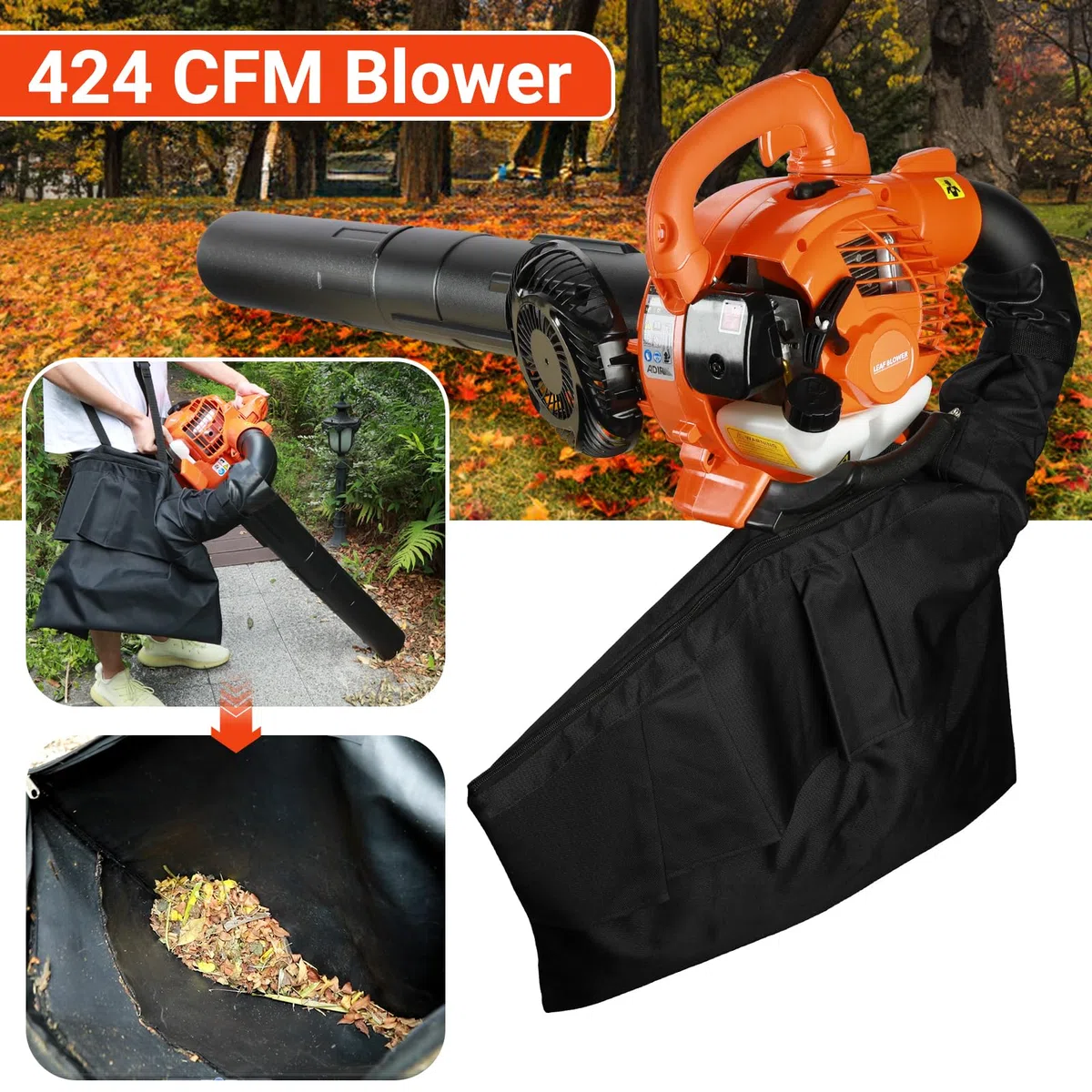 Aspiratore per foglie e aspiratore, 3 in 1, senza fili, aspiratore per foglie a benzina e mulcher, con due manici e sacchetto, aspiratore portatile a 2 tempi, per la pulizia del prato, la polvere, il