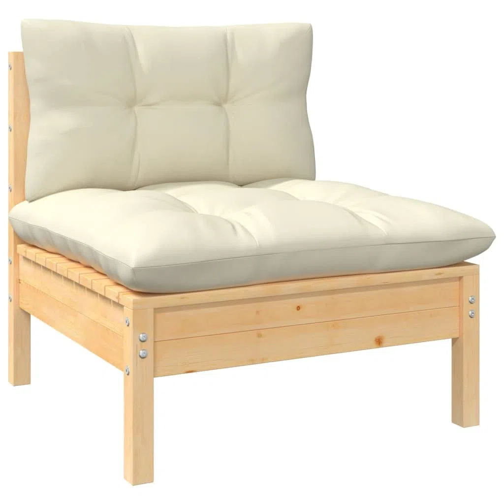 Set da 10 pezzi in legno di pino massiccio con cuscini color crema, set di mobili da giardino per esterni per terrazza e balcone, set modulare con cuscini