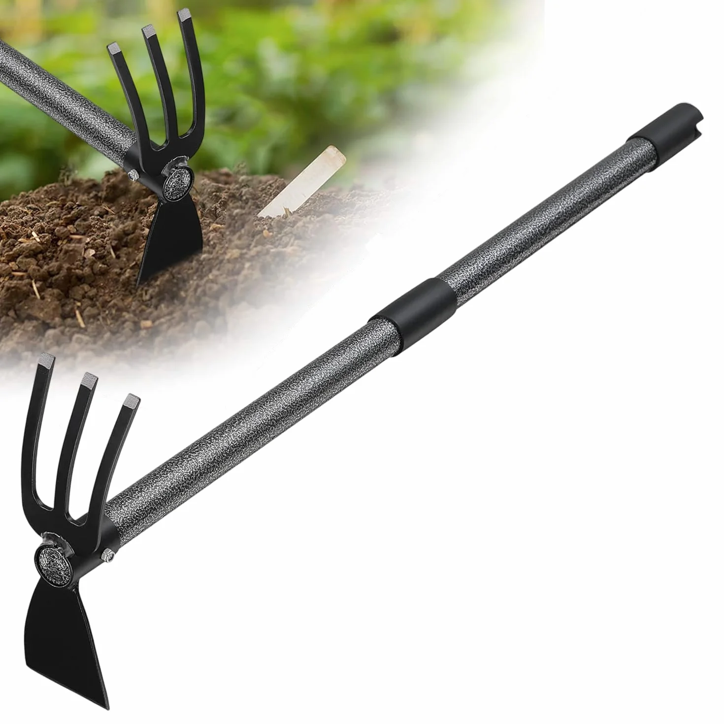 Zappa da giardino 76 cm 2 in 1 Binette Trident Strumento da giardino con manico lungo regolabile, multifunzionale zappa per giardinaggio, piantagione di erbacce allentamento del suolo