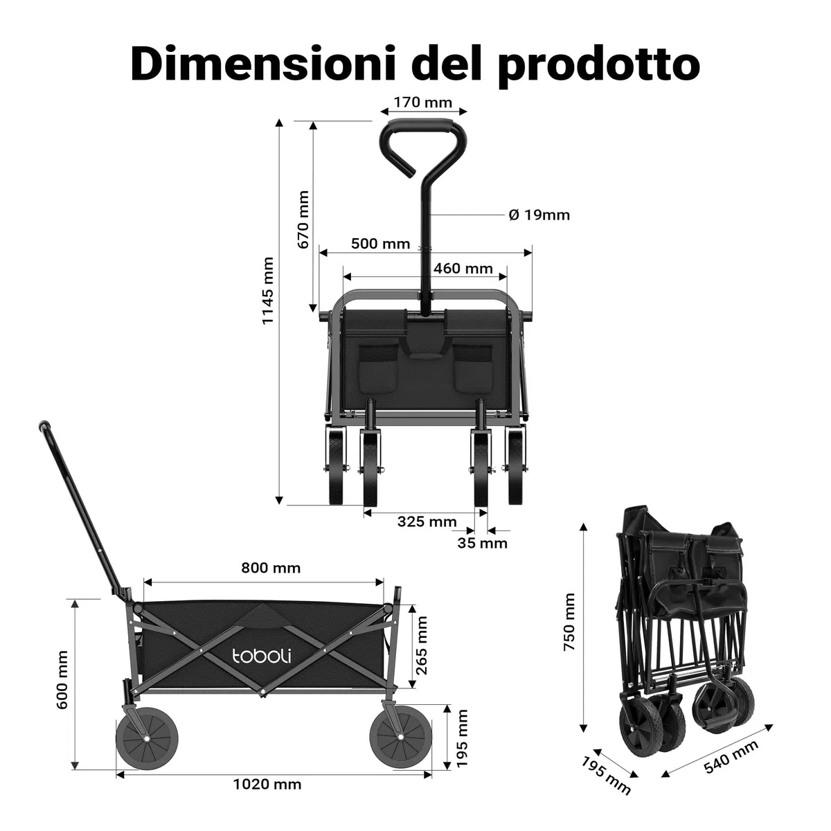 Carretto a mano pieghevole, max 100 kg, tessuto impermeabile nero, Carrello spiaggia